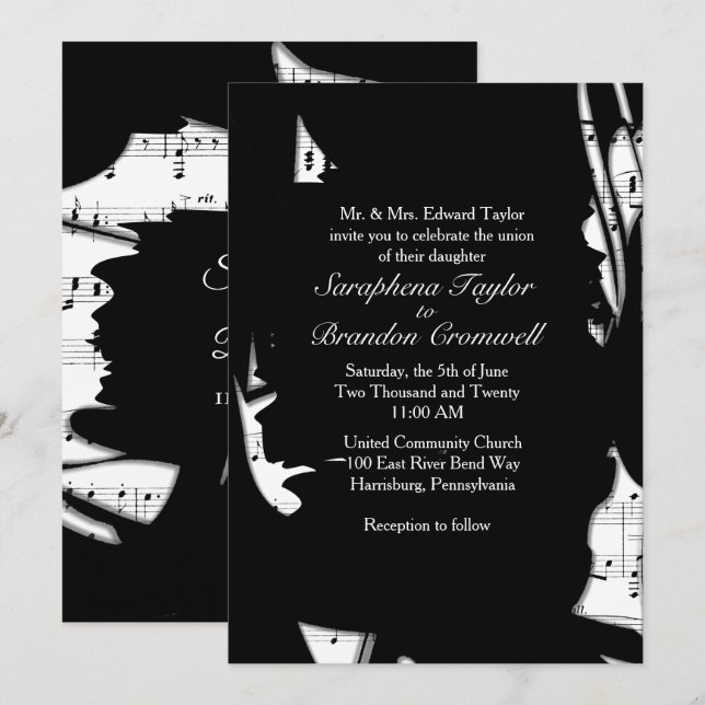 Inbjudan till abstrakt Black and White Music Weddi (Fram/baksida)