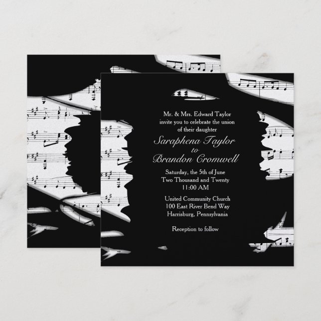 Inbjudan till abstrakt Black and White Music Weddi (Fram/baksida)