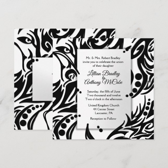 Inbjudan till abstrakt Black and White Tribal Wedd (Fram/baksida)