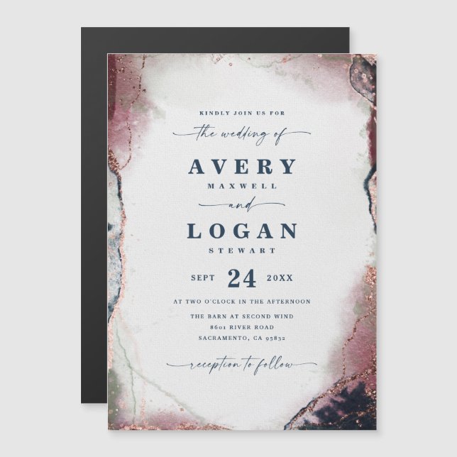 Inbjudan till abstrakt Burgundy Magnetic Wedding (Fram/baksida)