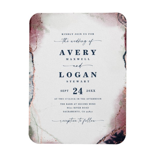 Inbjudan till abstrakt Burgundy & Navy Blue Weddin Magnet (Vertikal)
