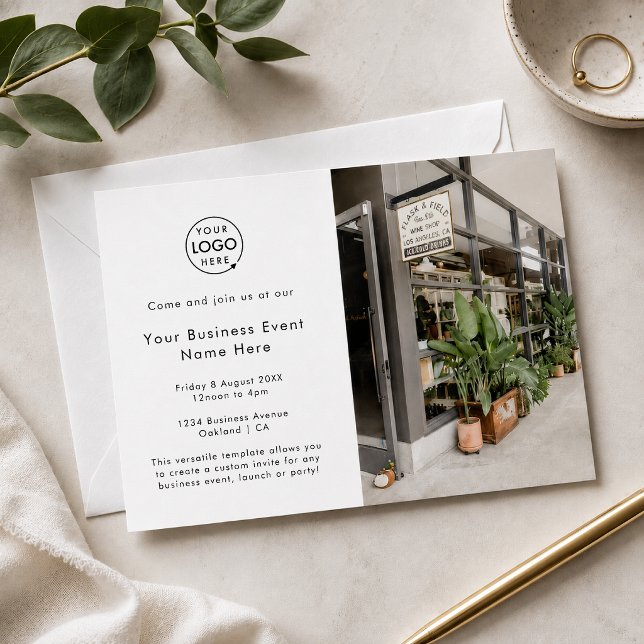 Inbjudan till affärsevenemang | 5x7 Fotoblad för i (Custom white business event invitation with logo and photo layout for launches and networking.)