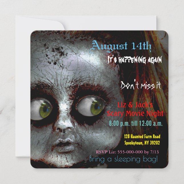 Inbjudan till Afraid Doll Scary Movie Night Party (Framsida)