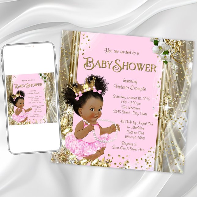Inbjudan till Afrikansk Amerikansk Prinsessa Baby  (Pink gold princess baby shower invitation. Instant download and printed invitations available.)