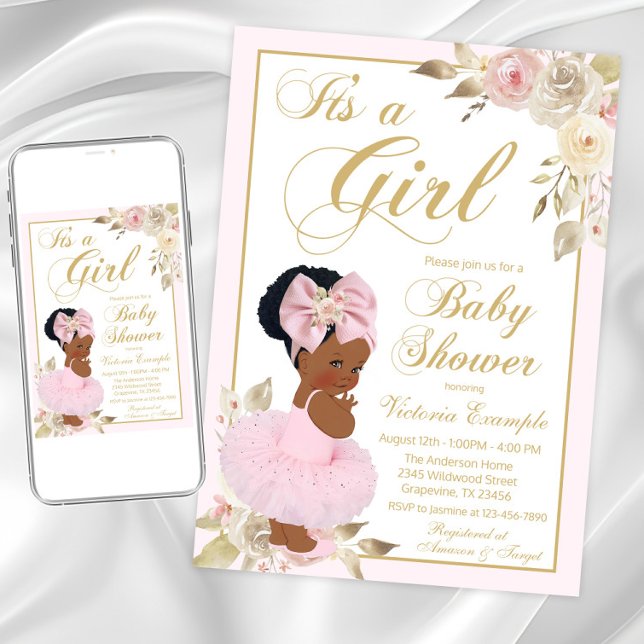 Inbjudan till afrikanska prinsessan Tutu Baby Show (Cute pink and gold tutu baby shower invitation. Instant download and printed invitations available.)