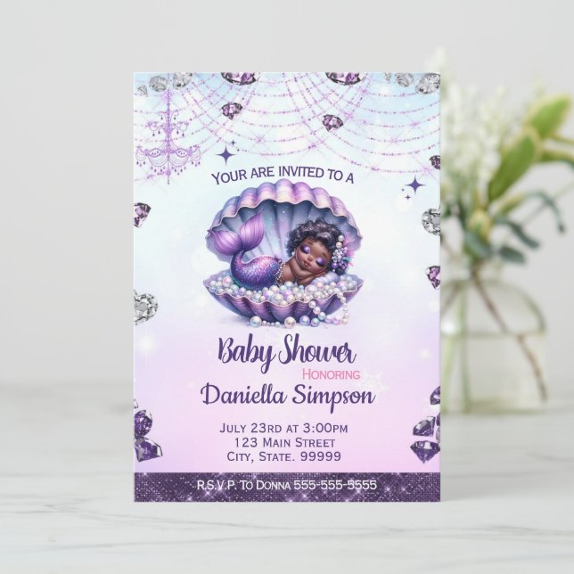 Inbjudan till Afro Sjöjungfru Baby Shower (Stående Fram)
