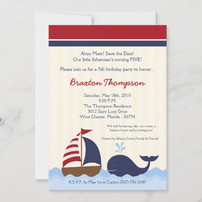 Inbjudan till Ahoy Nautical Whale Boat Birthday (Framsida)