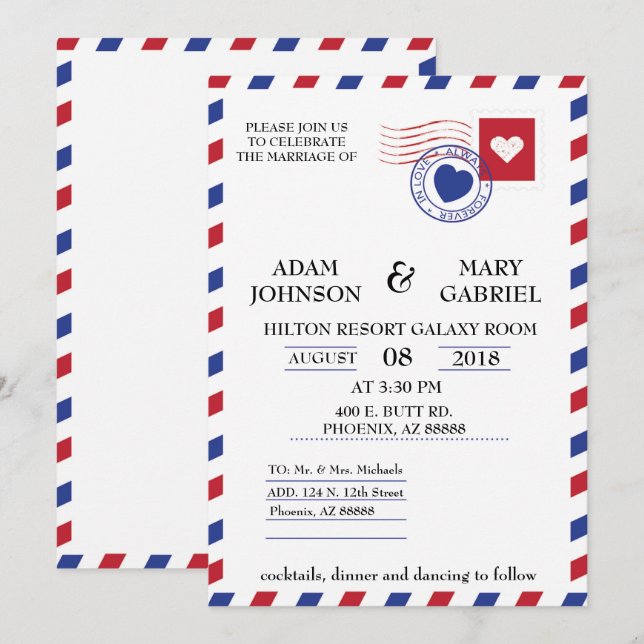 Inbjudan till Airmail Wedding (Fram/baksida)