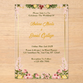 Inbjudan till akrylbröllop i grönt och Guld Blommi