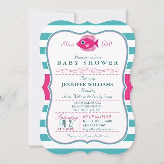 Inbjudan till akvatisk och Rosa Fish Baby Shower (Framsida)
