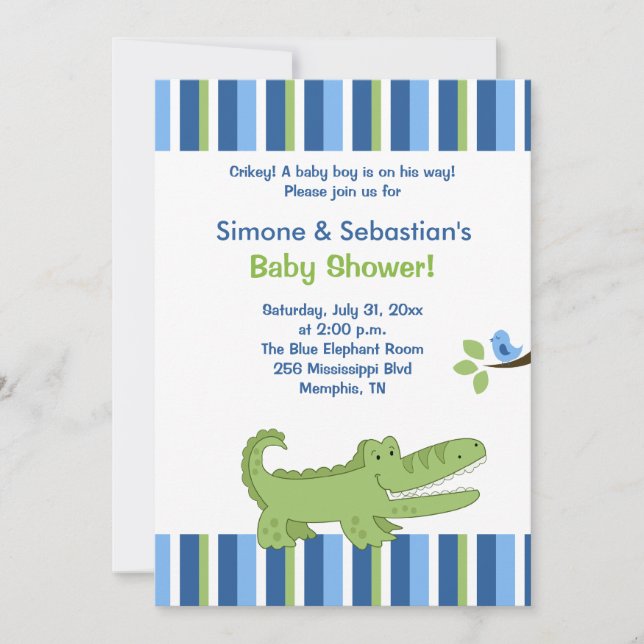 Inbjudan till Alligator Baby Shower Blue/Grönt 5x7 (Framsida)
