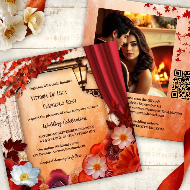 Inbjudan till allt-i-ett-italienskt klassiskt bröl (Romantic all-in-one fall wedding invitation showing flowers in classic Italian with a lantern)
