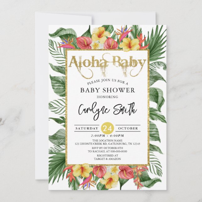 Inbjudan till Aloha Baby Guld Tropical Baby Shower (Framsida)