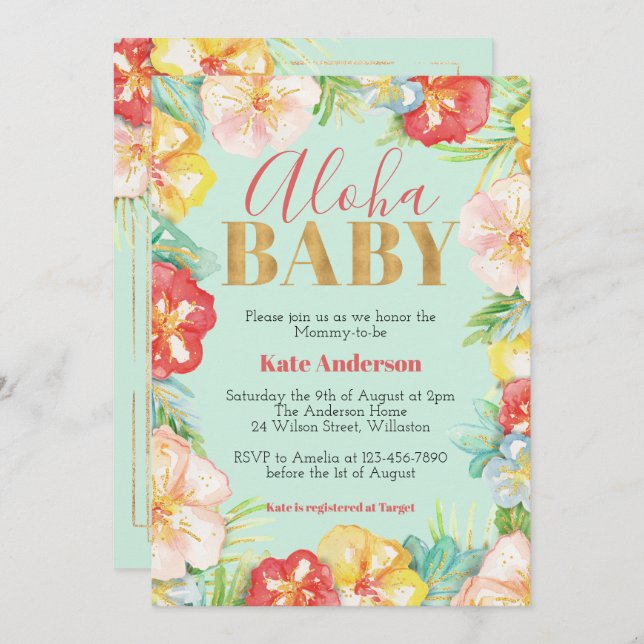 Inbjudan till Aloha Baby Tropical Baby Shower (Fram/baksida)