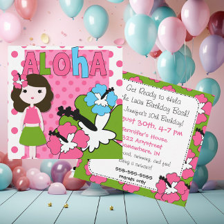 Inbjudan till Aloha Birthday (Brown Hair Girl)
