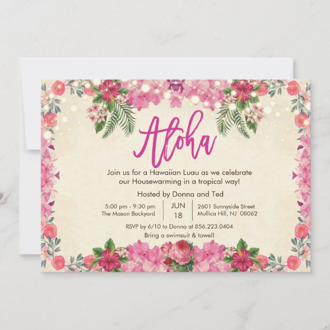 Inbjudan till Aloha Luau Tropical Houseuppvärmning (Framsida)