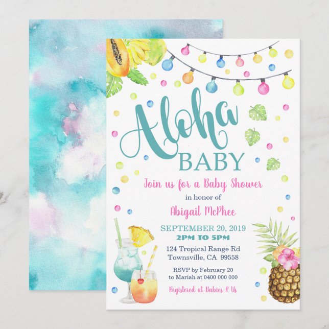 Inbjudan till Aloha Tropical Baby Shower (Fram/baksida)