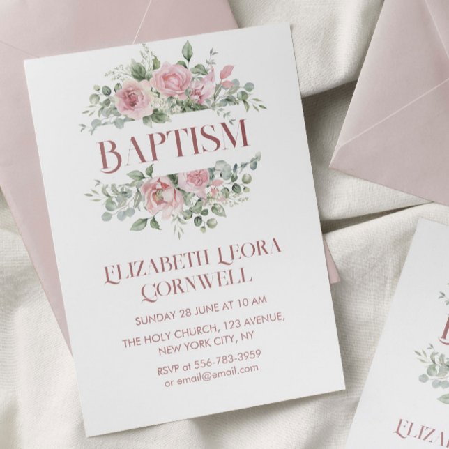 Inbjudan till andningsutandning, aptism i flicka B (Baby Girl Floral Wreath Baptism Invitation)