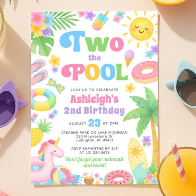 Inbjudan till andra födelsedagen i bassäng - två B (Pool Party 2nd Birthday Invitation - Two the Pool
)