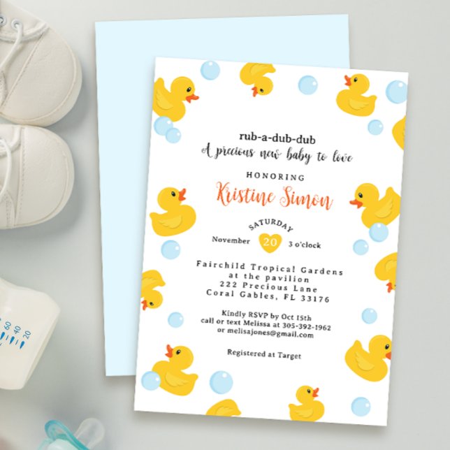 Inbjudan till Anka-babyskor för gummi | GULT ANKA  (yellow gender neutral cute baby shower invitation)