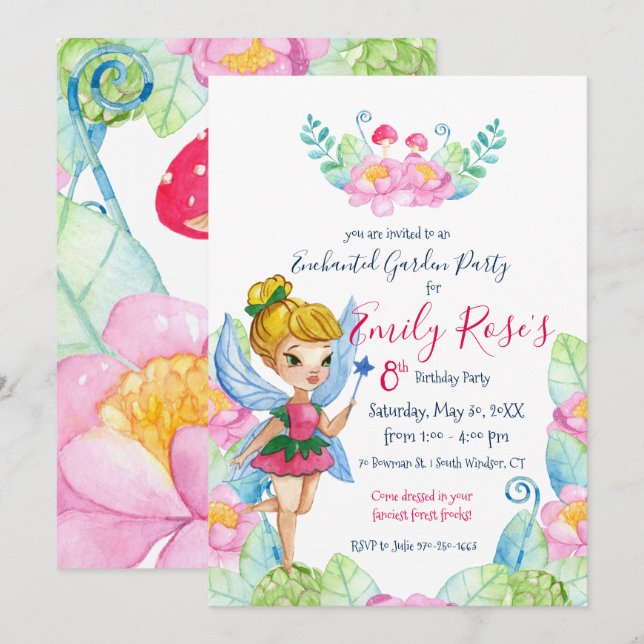 Inbjudan till annalkande Garden Fairy Birthday (Fram/baksida)