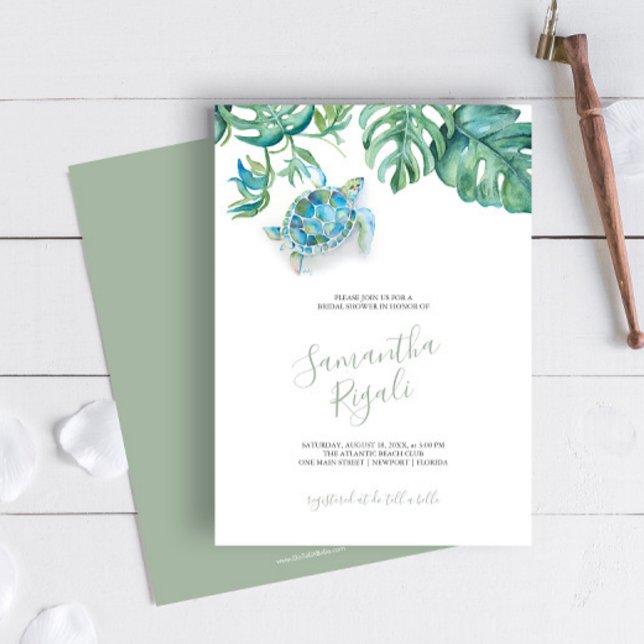 Inbjudan till Anpassade av tropisk Möhippa (Tropical Bridal Shower Invitation Sea Turtle watercolor sea turtle, palm leaves Victoria Grigaliunas)