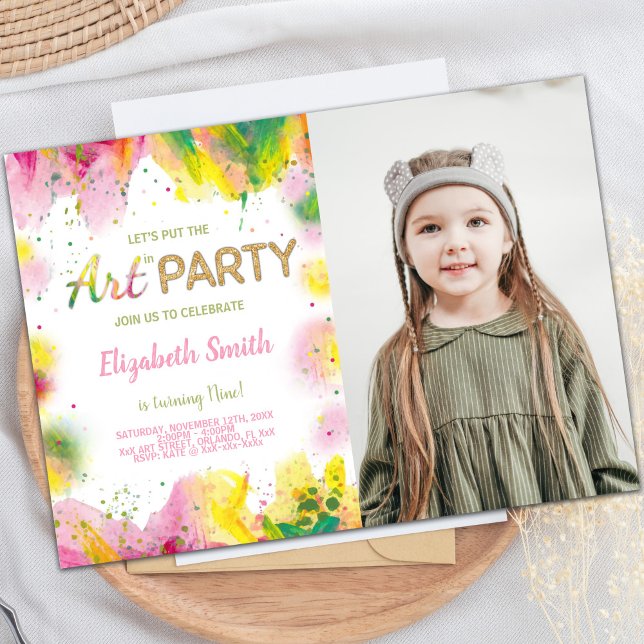 Inbjudan till anpassadets barnparti (Orange Pink Paint Birthday Invitations with photo)