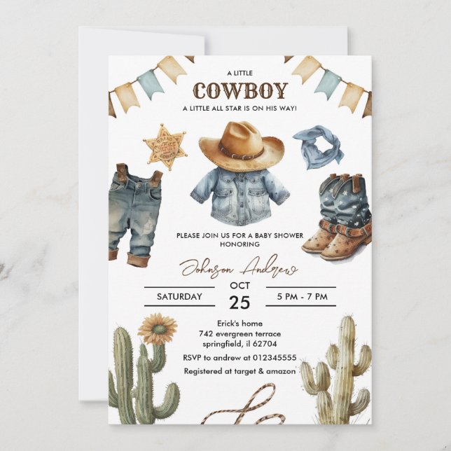 Inbjudan till anpassningsbar Cowboy Baby Shower (Framsida)