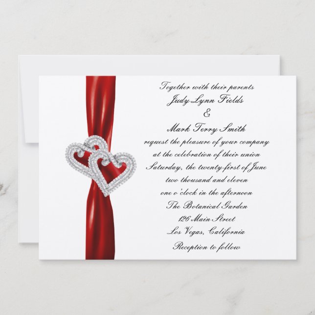 Inbjudan till anpassningsbar Hearts Red Ribbon Wed (Framsida)