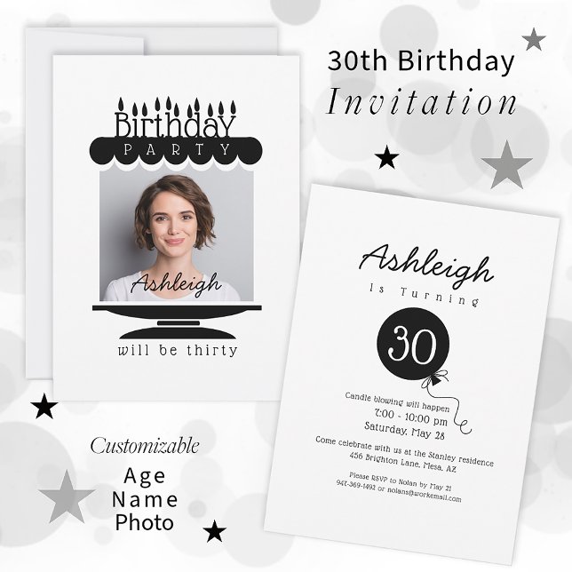 Inbjudan till anpassningsbar Photo Cake 30års föde (Skapare uppladdad)