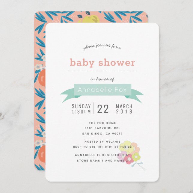 Inbjudan till Apple Blommigt Rosa Navy Baby Shower (Fram/baksida)