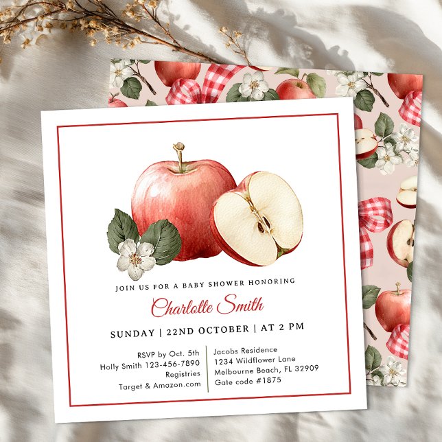 Inbjudan till Apple Gingham Bow Fall Baby Shower (Apple Baby Shower Invitation)
