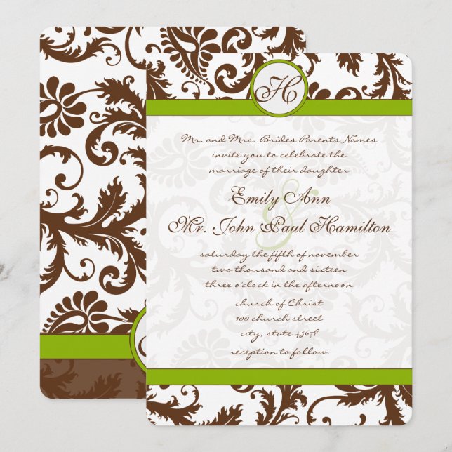 Inbjudan till Apple Grönt och Brown Damask Wedding (Fram/baksida)