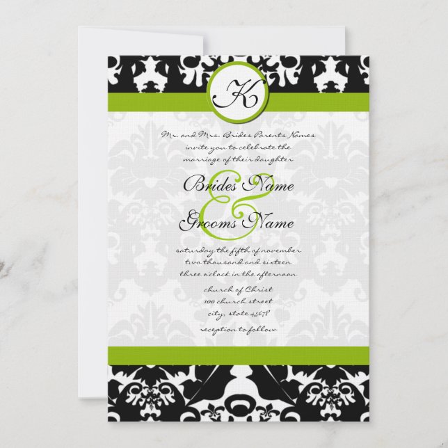 Inbjudan till Apple Grönt Victorian Damask Wedding (Framsida)