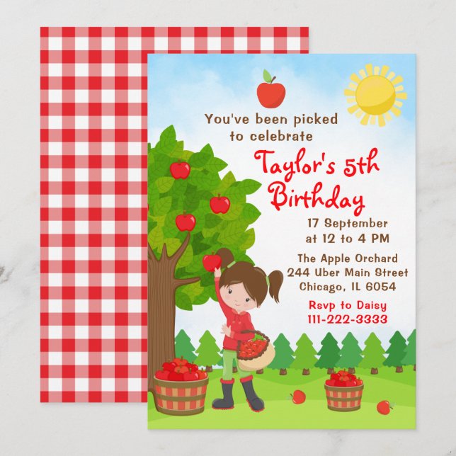 Inbjudan till Apple Picking Birthday Brown Hair Gi (Fram/baksida)