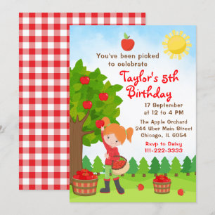 Inbjudan till Apple Picking Birthday Red Hair Girl