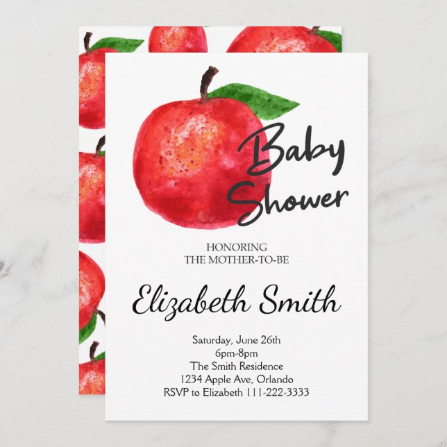 Inbjudan till Apple Watercolor Baby Shower (Fram/baksida)