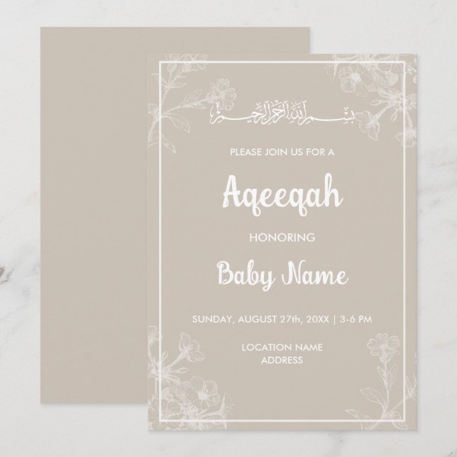 Inbjudan till Aqeqah Aqiqah, Modern Blommigt (Fram/baksida)