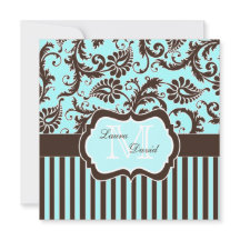 Inbjudan till Aqua Blue Brown White Stripe Damask