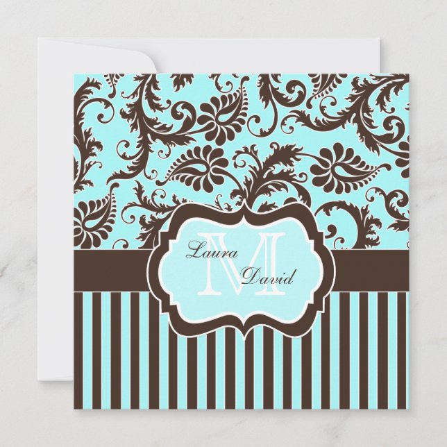 Inbjudan till Aqua Blue Brown White Stripe Damask (Framsida)