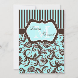 Inbjudan till Aqua Blue Brown White Stripe Damask 