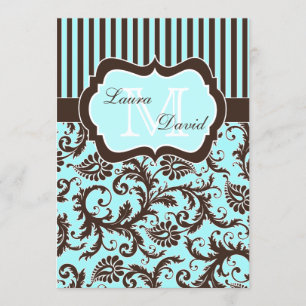 Inbjudan till Aqua Blue Brown White Stripe Damask