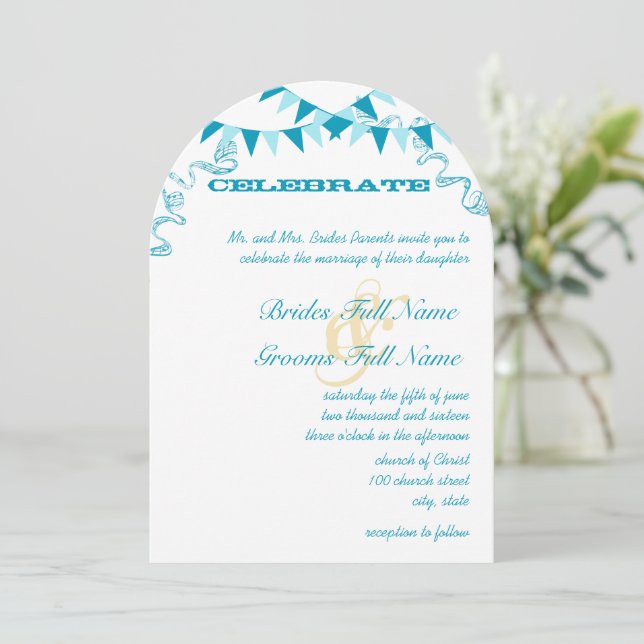 Inbjudan till Aqua Blue Bunting Pennant Wedding (Stående Fram)