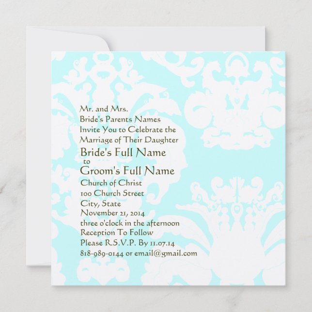 Inbjudan till Aqua Blue Damask Wedding (Framsida)