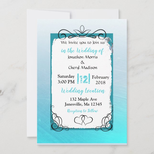 Inbjudan till Aqua Blue Gradient Black Script Wedd (Framsida)