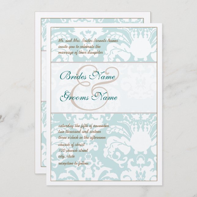 Inbjudan till Aqua Blue och Brown Damask Wedding (Fram/baksida)