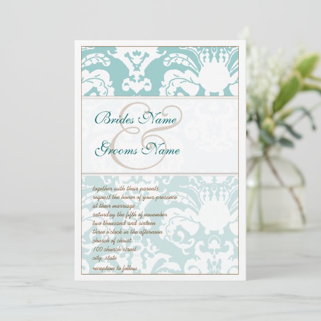 Inbjudan till Aqua Blue och Brown Damask Wedding (Stående Fram)