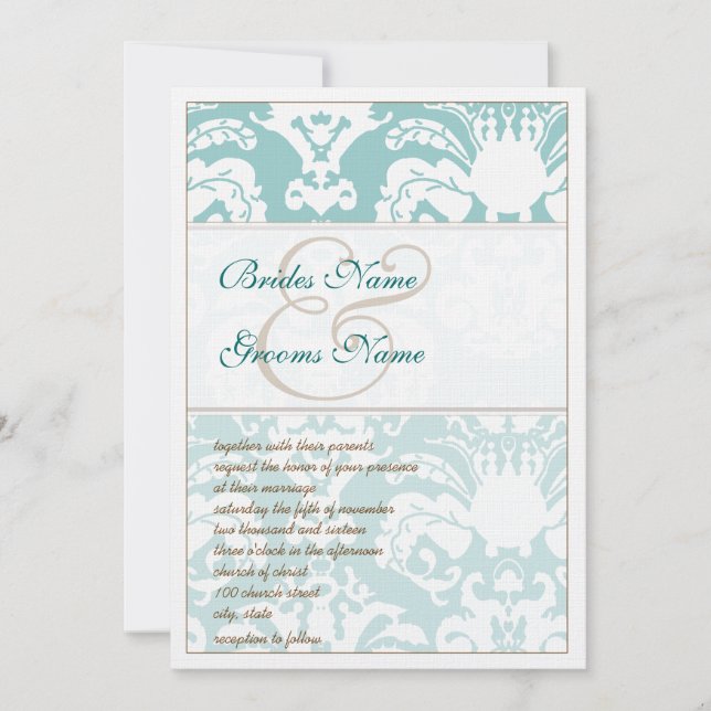 Inbjudan till Aqua Blue och Brown Damask Wedding (Framsida)