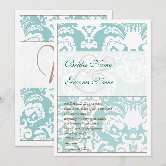 Inbjudan till Aqua Blue och Brown Damask Wedding (Fram/baksida)