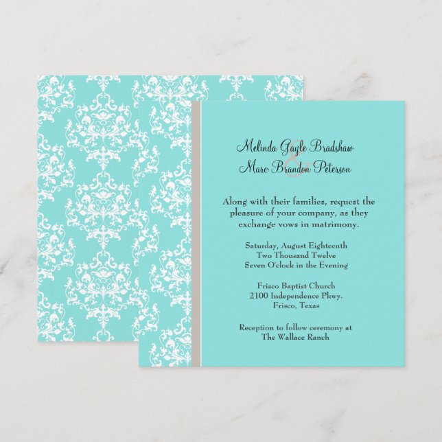 Inbjudan till Aqua Blue och Taupe Damask Wedding (Fram/baksida)